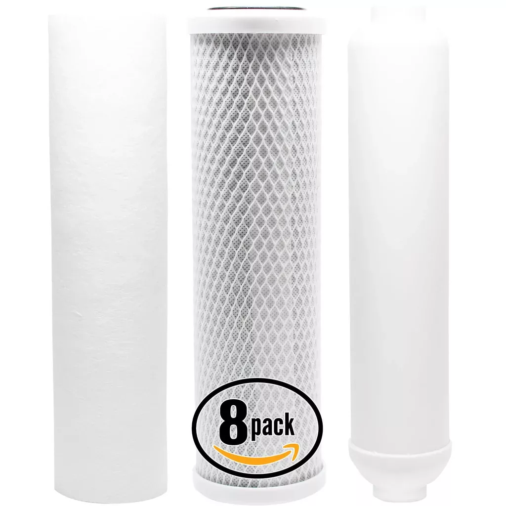 8-Pack Replacement Filter Kit for AMI AAA-1004 RO System - Includes Carbon Block Filter, PP Sediment Filter & Inline Filter Cartridge